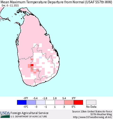Sri Lanka Maximum Temperature Departure from Normal (USAF 557th WW) Thematic Map For 12/6/2021 - 12/12/2021