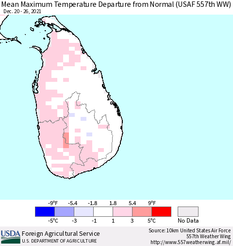 Sri Lanka Mean Maximum Temperature Departure from Normal (USAF 557th WW) Thematic Map For 12/20/2021 - 12/26/2021