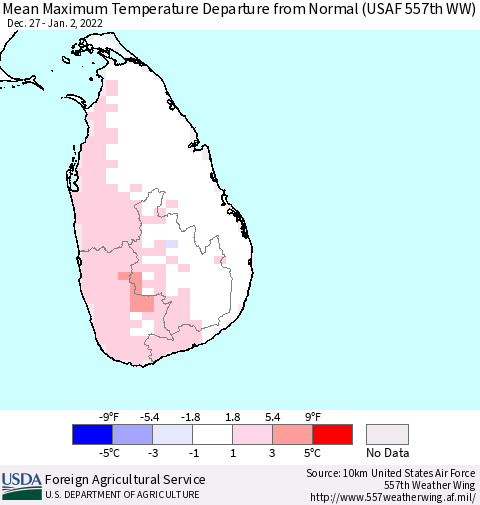 Sri Lanka Maximum Temperature Departure from Normal (USAF 557th WW) Thematic Map For 12/27/2021 - 1/2/2022