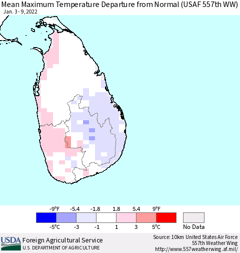 Sri Lanka Maximum Temperature Departure From Normal (USAF 557th WW) Thematic Map For 1/3/2022 - 1/9/2022