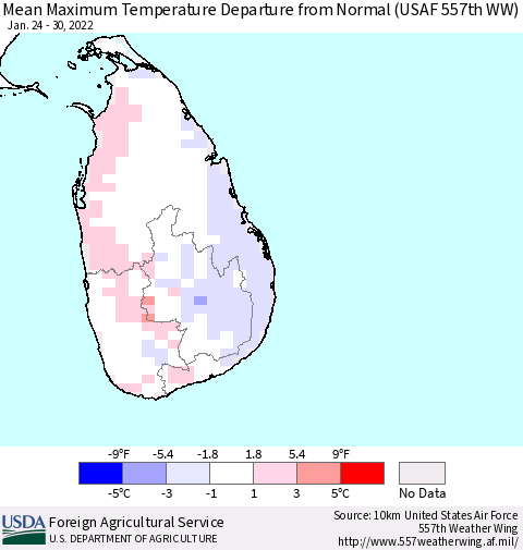 Sri Lanka Mean Maximum Temperature Departure from Normal (USAF 557th WW) Thematic Map For 1/24/2022 - 1/30/2022