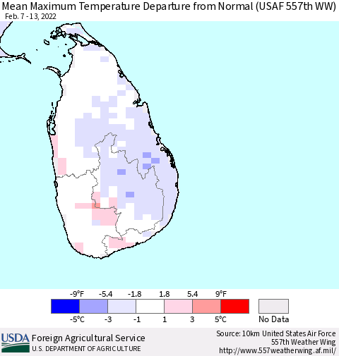 Sri Lanka Mean Maximum Temperature Departure from Normal (USAF 557th WW) Thematic Map For 2/7/2022 - 2/13/2022