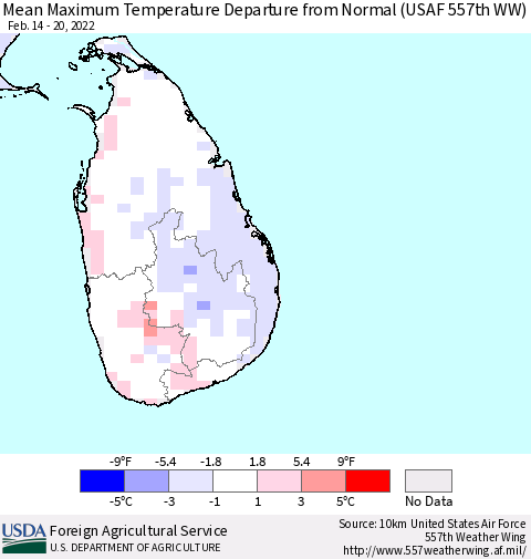 Sri Lanka Mean Maximum Temperature Departure from Normal (USAF 557th WW) Thematic Map For 2/14/2022 - 2/20/2022