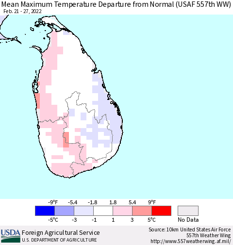 Sri Lanka Mean Maximum Temperature Departure from Normal (USAF 557th WW) Thematic Map For 2/21/2022 - 2/27/2022