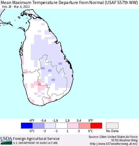 Sri Lanka Mean Maximum Temperature Departure from Normal (USAF 557th WW) Thematic Map For 2/28/2022 - 3/6/2022