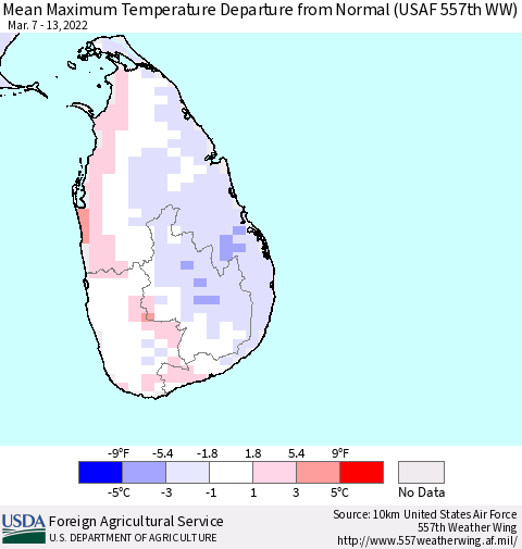 Sri Lanka Mean Maximum Temperature Departure from Normal (USAF 557th WW) Thematic Map For 3/7/2022 - 3/13/2022
