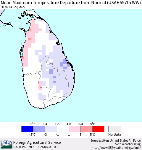 Sri Lanka Mean Maximum Temperature Departure from Normal (USAF 557th WW) Thematic Map For 3/14/2022 - 3/20/2022