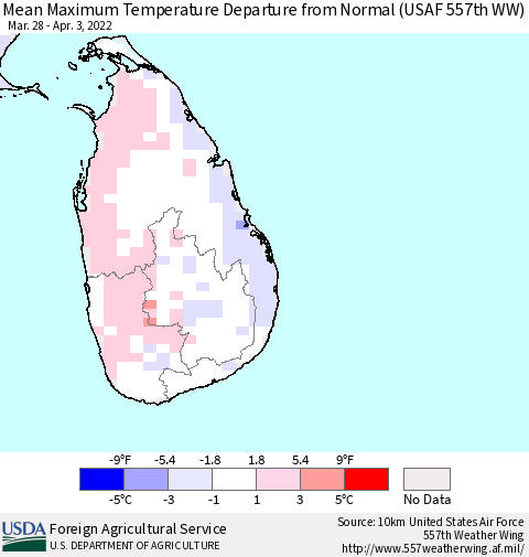 Sri Lanka Mean Maximum Temperature Departure from Normal (USAF 557th WW) Thematic Map For 3/28/2022 - 4/3/2022
