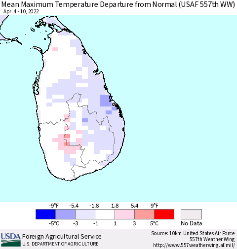 Sri Lanka Mean Maximum Temperature Departure from Normal (USAF 557th WW) Thematic Map For 4/4/2022 - 4/10/2022
