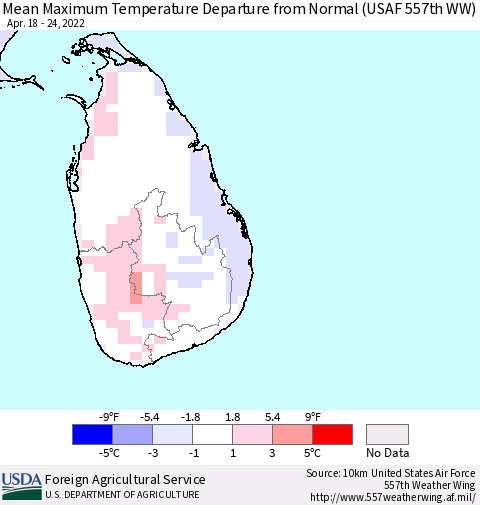 Sri Lanka Mean Maximum Temperature Departure from Normal (USAF 557th WW) Thematic Map For 4/18/2022 - 4/24/2022