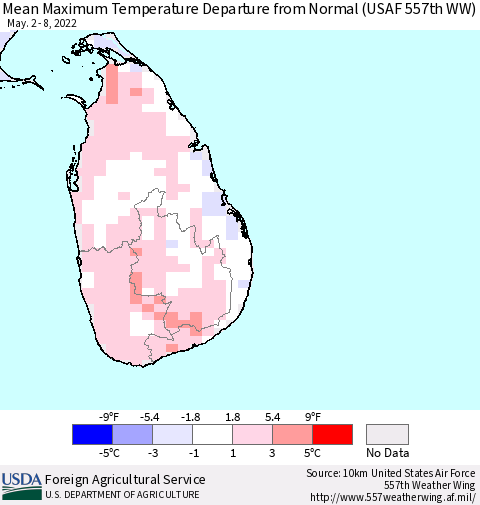 Sri Lanka Mean Maximum Temperature Departure from Normal (USAF 557th WW) Thematic Map For 5/2/2022 - 5/8/2022