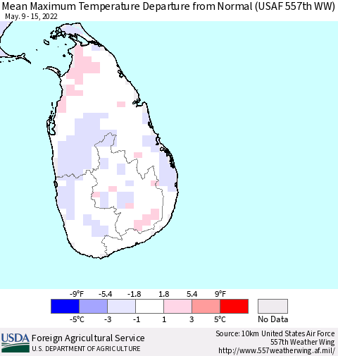 Sri Lanka Mean Maximum Temperature Departure from Normal (USAF 557th WW) Thematic Map For 5/9/2022 - 5/15/2022