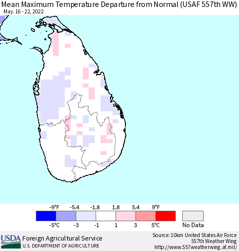 Sri Lanka Mean Maximum Temperature Departure from Normal (USAF 557th WW) Thematic Map For 5/16/2022 - 5/22/2022