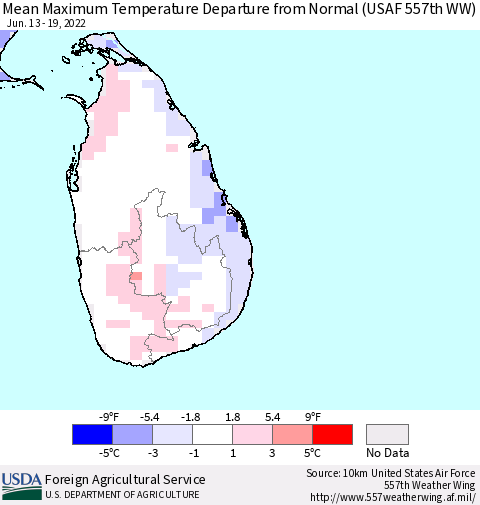 Sri Lanka Mean Maximum Temperature Departure from Normal (USAF 557th WW) Thematic Map For 6/13/2022 - 6/19/2022