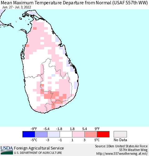 Sri Lanka Mean Maximum Temperature Departure from Normal (USAF 557th WW) Thematic Map For 6/27/2022 - 7/3/2022