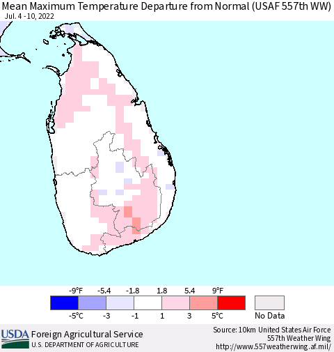 Sri Lanka Mean Maximum Temperature Departure from Normal (USAF 557th WW) Thematic Map For 7/4/2022 - 7/10/2022
