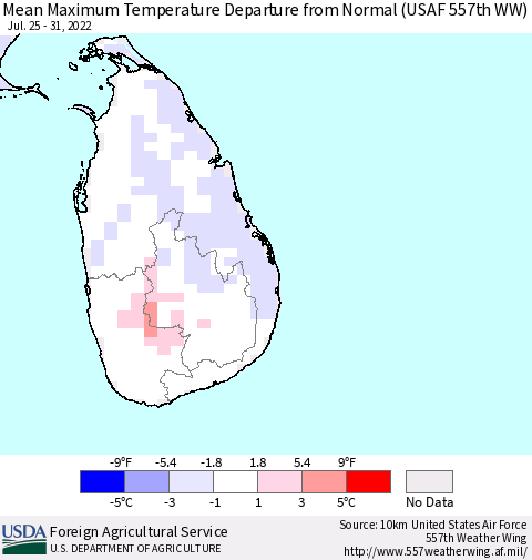 Sri Lanka Mean Maximum Temperature Departure from Normal (USAF 557th WW) Thematic Map For 7/25/2022 - 7/31/2022