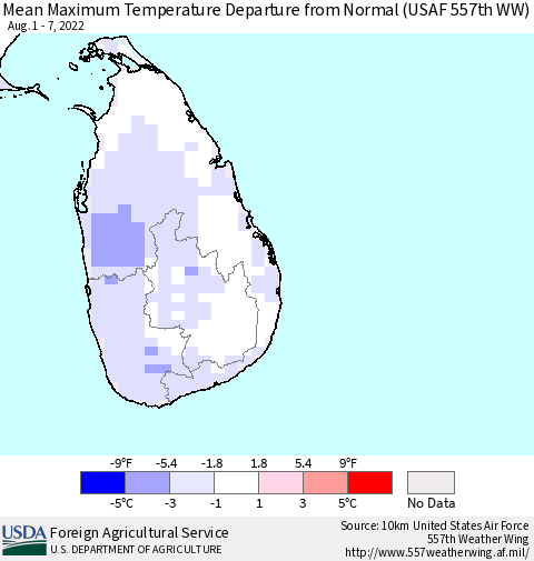 Sri Lanka Mean Maximum Temperature Departure from Normal (USAF 557th WW) Thematic Map For 8/1/2022 - 8/7/2022