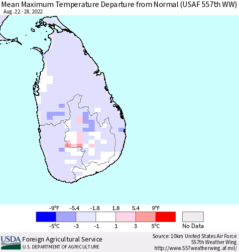 Sri Lanka Mean Maximum Temperature Departure from Normal (USAF 557th WW) Thematic Map For 8/22/2022 - 8/28/2022