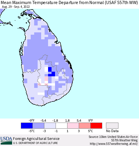 Sri Lanka Mean Maximum Temperature Departure from Normal (USAF 557th WW) Thematic Map For 8/29/2022 - 9/4/2022