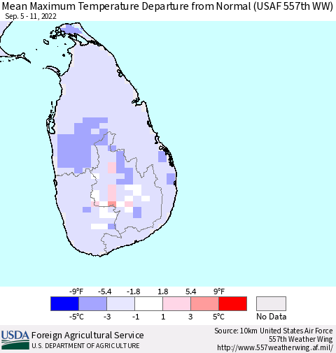 Sri Lanka Mean Maximum Temperature Departure from Normal (USAF 557th WW) Thematic Map For 9/5/2022 - 9/11/2022