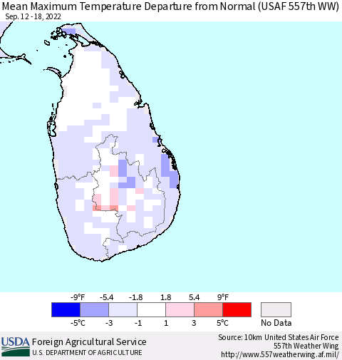 Sri Lanka Mean Maximum Temperature Departure from Normal (USAF 557th WW) Thematic Map For 9/12/2022 - 9/18/2022