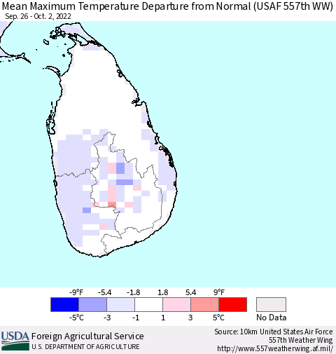 Sri Lanka Mean Maximum Temperature Departure from Normal (USAF 557th WW) Thematic Map For 9/26/2022 - 10/2/2022