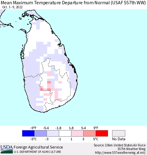 Sri Lanka Mean Maximum Temperature Departure from Normal (USAF 557th WW) Thematic Map For 10/3/2022 - 10/9/2022
