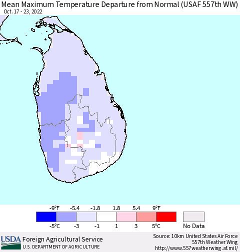 Sri Lanka Mean Maximum Temperature Departure from Normal (USAF 557th WW) Thematic Map For 10/17/2022 - 10/23/2022
