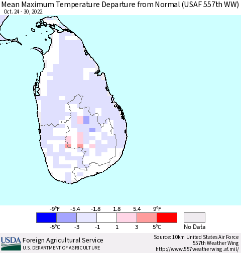 Sri Lanka Mean Maximum Temperature Departure from Normal (USAF 557th WW) Thematic Map For 10/24/2022 - 10/30/2022