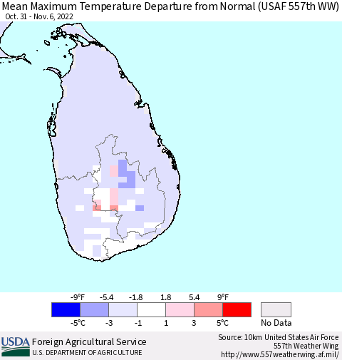 Sri Lanka Mean Maximum Temperature Departure from Normal (USAF 557th WW) Thematic Map For 10/31/2022 - 11/6/2022