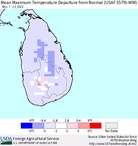 Sri Lanka Mean Maximum Temperature Departure from Normal (USAF 557th WW) Thematic Map For 11/7/2022 - 11/13/2022