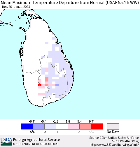 Sri Lanka Mean Maximum Temperature Departure from Normal (USAF 557th WW) Thematic Map For 12/26/2022 - 1/1/2023