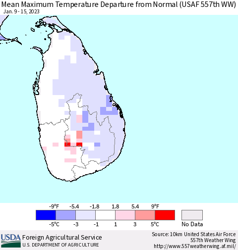 Sri Lanka Mean Maximum Temperature Departure from Normal (USAF 557th WW) Thematic Map For 1/9/2023 - 1/15/2023