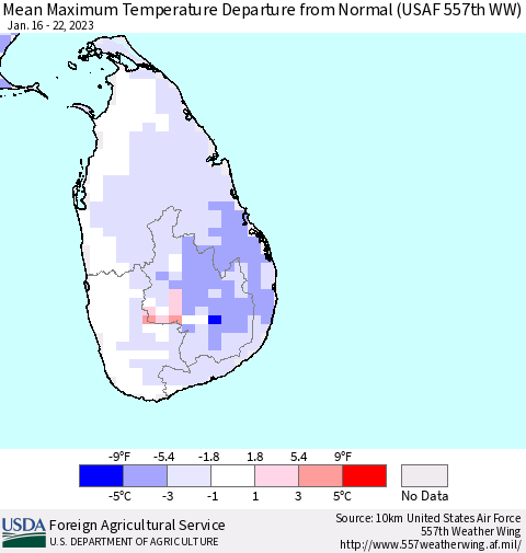 Sri Lanka Mean Maximum Temperature Departure from Normal (USAF 557th WW) Thematic Map For 1/16/2023 - 1/22/2023