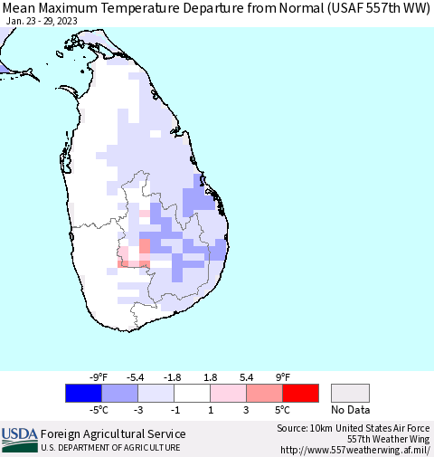 Sri Lanka Mean Maximum Temperature Departure from Normal (USAF 557th WW) Thematic Map For 1/23/2023 - 1/29/2023