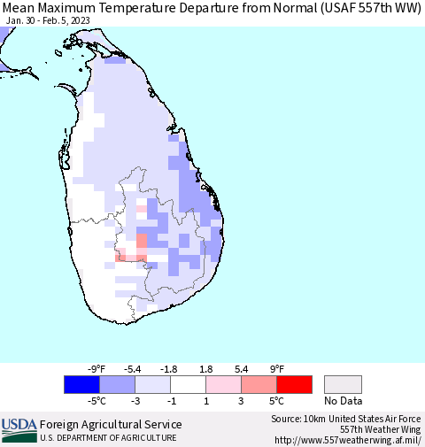 Sri Lanka Mean Maximum Temperature Departure from Normal (USAF 557th WW) Thematic Map For 1/30/2023 - 2/5/2023