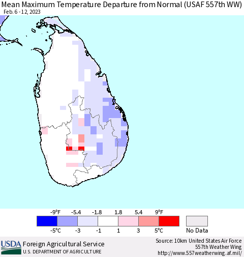 Sri Lanka Mean Maximum Temperature Departure from Normal (USAF 557th WW) Thematic Map For 2/6/2023 - 2/12/2023