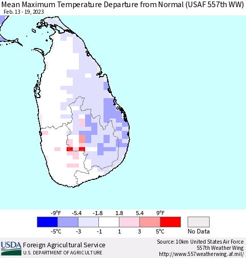 Sri Lanka Mean Maximum Temperature Departure from Normal (USAF 557th WW) Thematic Map For 2/13/2023 - 2/19/2023