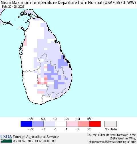Sri Lanka Mean Maximum Temperature Departure from Normal (USAF 557th WW) Thematic Map For 2/20/2023 - 2/26/2023