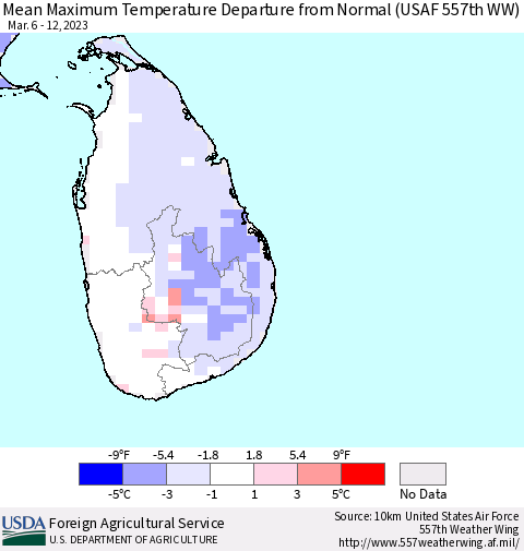 Sri Lanka Mean Maximum Temperature Departure from Normal (USAF 557th WW) Thematic Map For 3/6/2023 - 3/12/2023