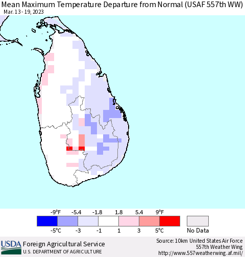 Sri Lanka Mean Maximum Temperature Departure from Normal (USAF 557th WW) Thematic Map For 3/13/2023 - 3/19/2023