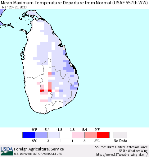 Sri Lanka Mean Maximum Temperature Departure from Normal (USAF 557th WW) Thematic Map For 3/20/2023 - 3/26/2023
