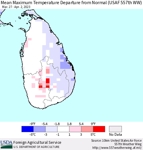 Sri Lanka Mean Maximum Temperature Departure from Normal (USAF 557th WW) Thematic Map For 3/27/2023 - 4/2/2023