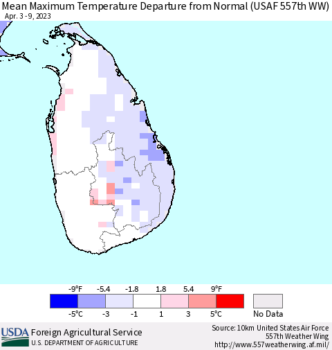 Sri Lanka Mean Maximum Temperature Departure from Normal (USAF 557th WW) Thematic Map For 4/3/2023 - 4/9/2023