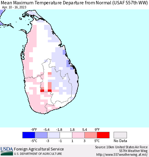 Sri Lanka Mean Maximum Temperature Departure from Normal (USAF 557th WW) Thematic Map For 4/10/2023 - 4/16/2023