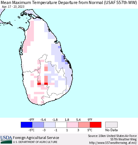 Sri Lanka Mean Maximum Temperature Departure from Normal (USAF 557th WW) Thematic Map For 4/17/2023 - 4/23/2023