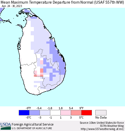 Sri Lanka Mean Maximum Temperature Departure from Normal (USAF 557th WW) Thematic Map For 4/24/2023 - 4/30/2023