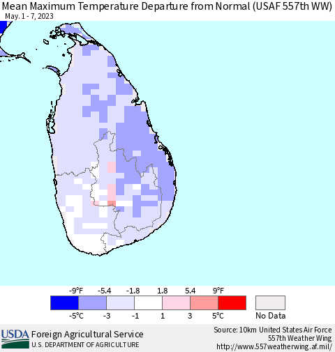 Sri Lanka Mean Maximum Temperature Departure from Normal (USAF 557th WW) Thematic Map For 5/1/2023 - 5/7/2023