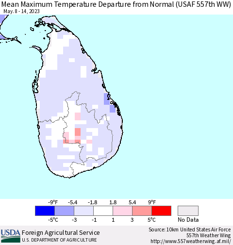Sri Lanka Mean Maximum Temperature Departure from Normal (USAF 557th WW) Thematic Map For 5/8/2023 - 5/14/2023